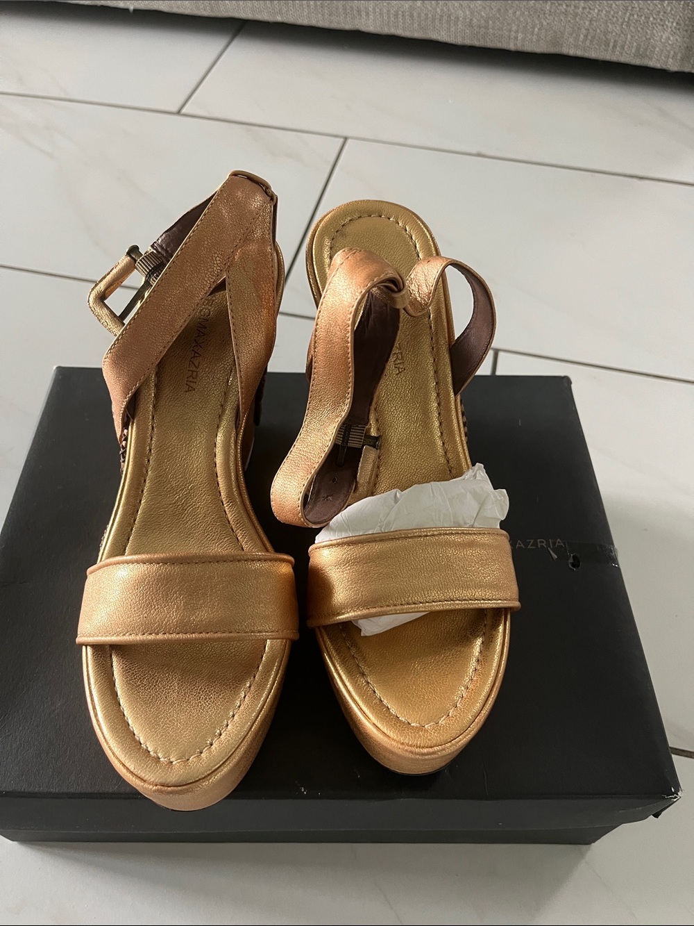BCBG  Metallic Bronze Open-Toe Ankle Strap Sandals